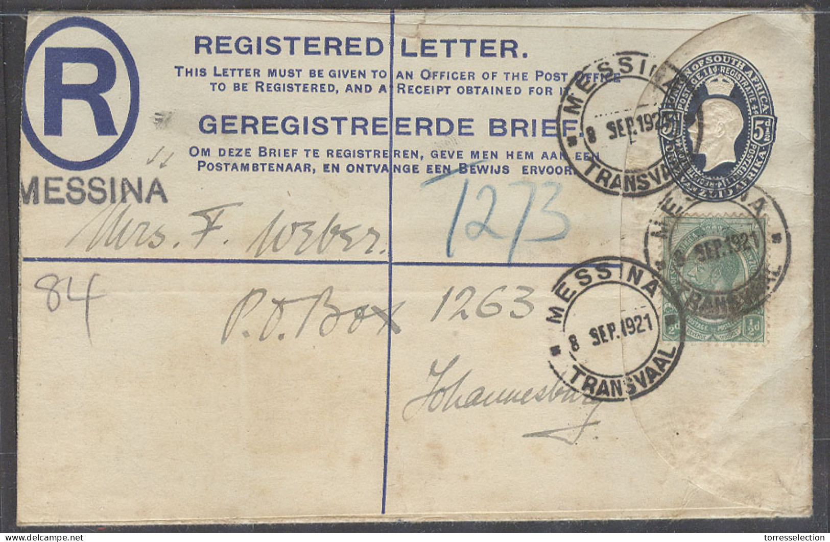 SOUTH AFRICA. 1921 (8 Sept). Messina - Joburg. Local Reg 5 1/2d Blue Sta Env Adtl 1/2d Green Cds. Stline Reg Town Name.  - Altri & Non Classificati