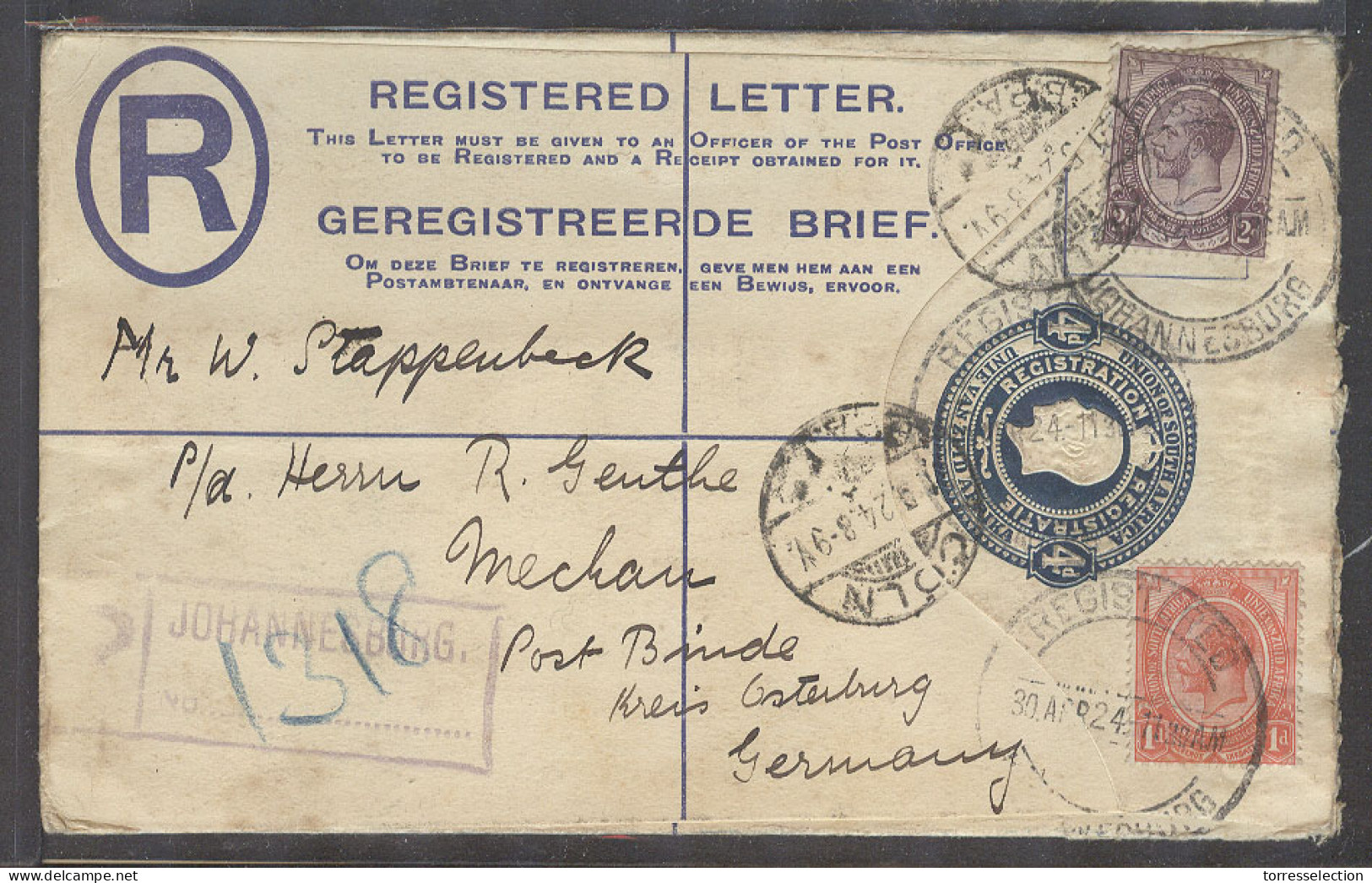 SOUTH AFRICA. 1924 (30 April). Joburg - Germany. Post Binde (11 May) Reg 4d Blue Sta Env 2 Adtls Violet R-cachet. - Altri & Non Classificati