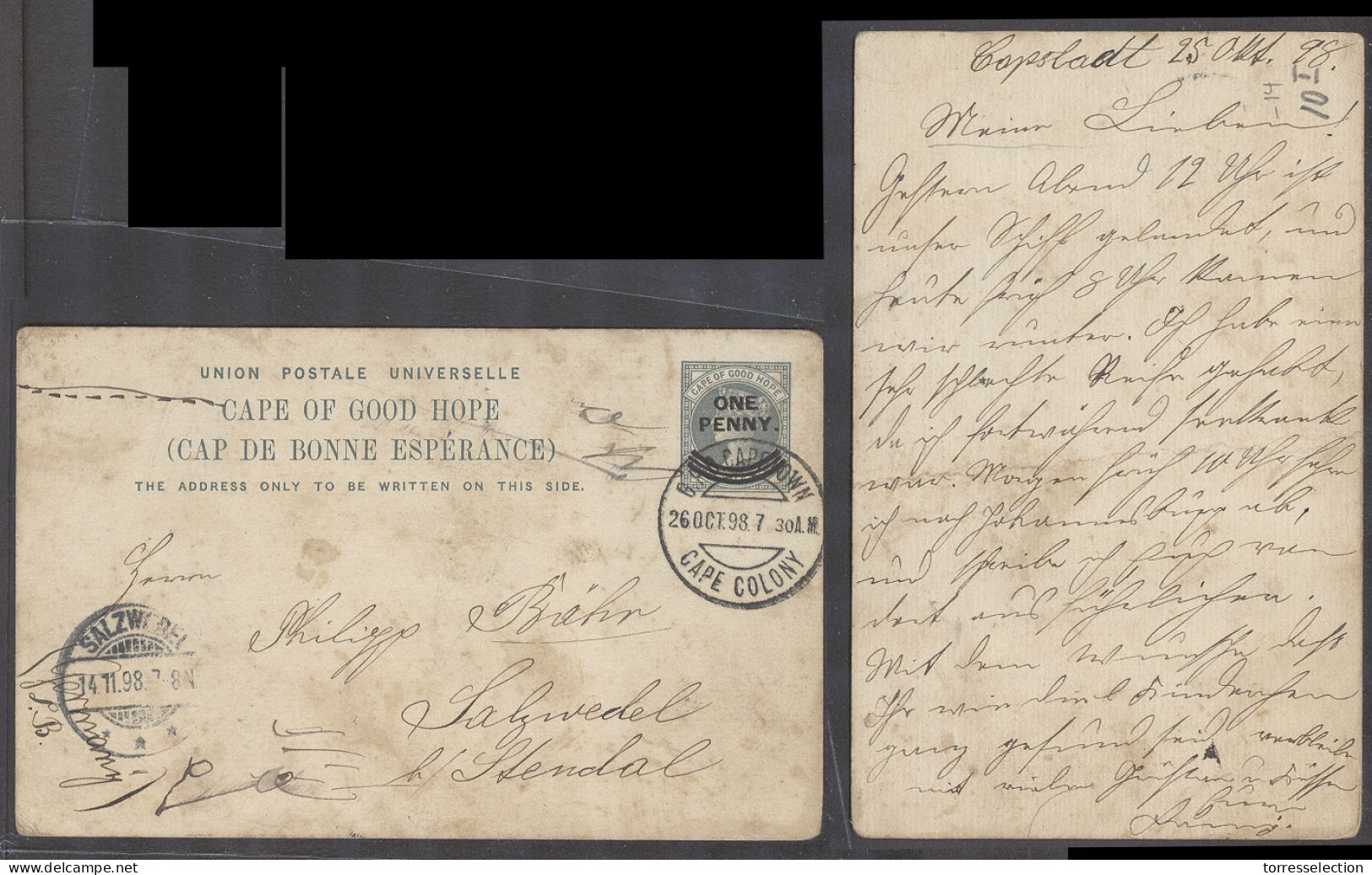 SOUTH AFRICA. 1898 (25 Oct). CGH Capetown - Germany, Salzwedel (14 Nov). 1d Ovptd UPU Grey Stat Card. - Altri & Non Classificati