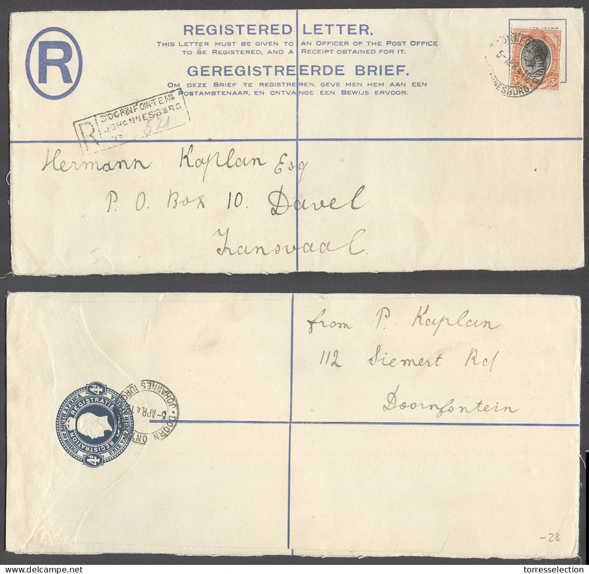 SOUTH AFRICA. 1919 (5 April). Doornfontein - Transvaal, Duvel. Reg 4d Blue Stat Env 3d Adtl. VF. - Altri & Non Classificati