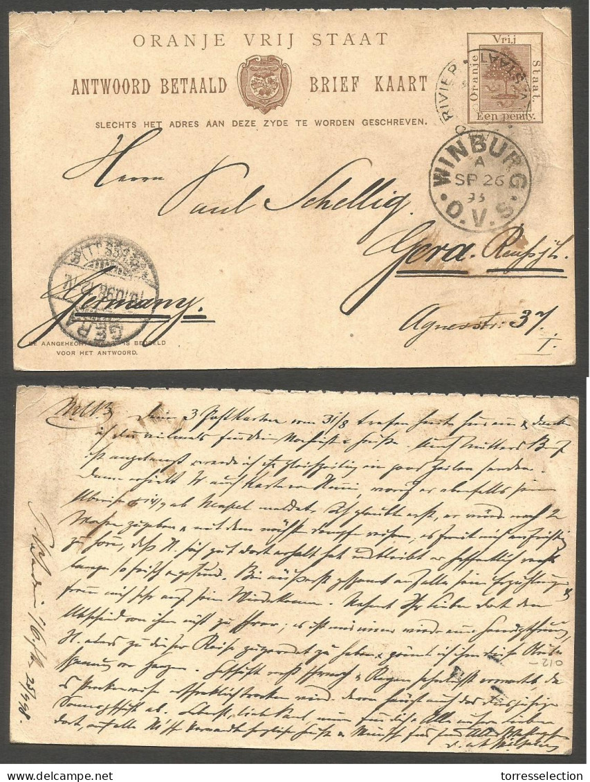 SOUTH AFRICA. 1898 (25 Sept). OVS. Zand River - Germany, Gera (18 Oct) 1d Brown Stat Card Cds. Via Winburg, Ovs (26 Sept - Altri & Non Classificati