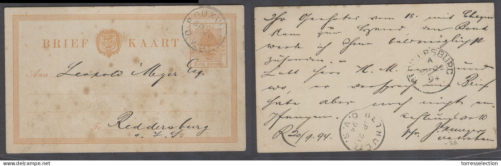 SOUTH AFRICA. 1894 (20 Sept). ORS - OVS. Rouxville - Redersburg (22 Sept). Local 1d Orange Stat Card. Via Betmlie (21 Se - Otros & Sin Clasificación