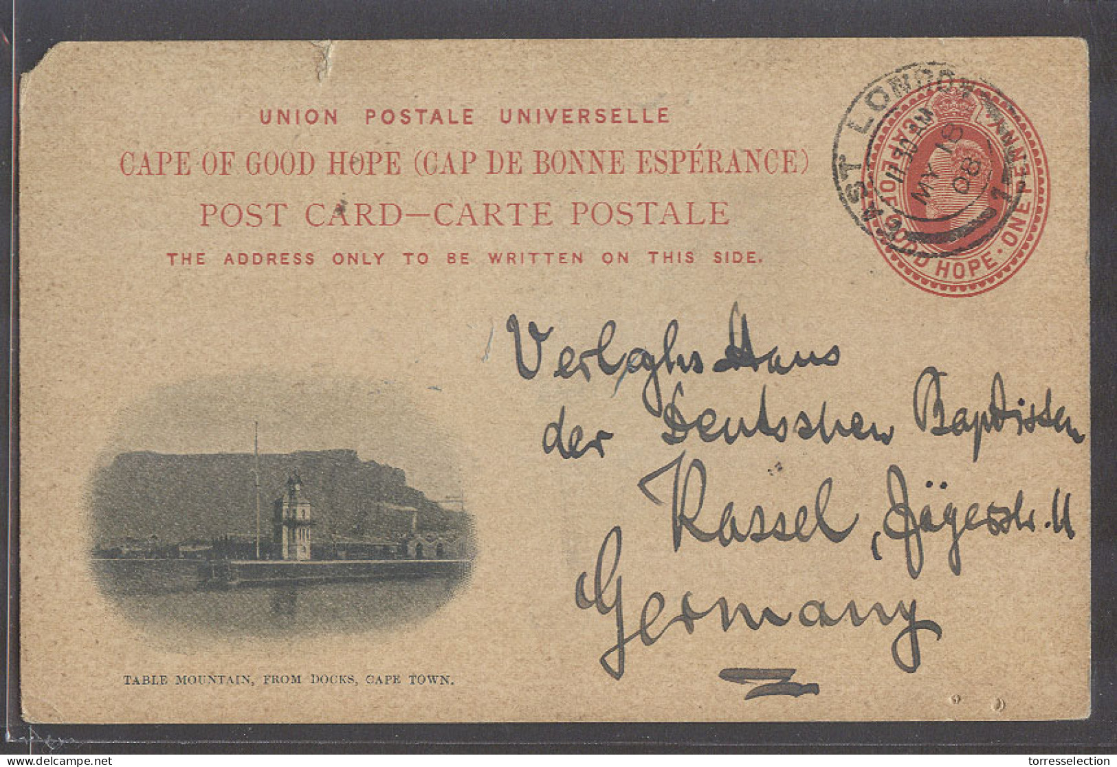 SOUTH AFRICA. 1908 (18 May). East London - Germany, Kassel. 1d Red Ilustrated View Stat Card Despicting Table Mountain F - Altri & Non Classificati