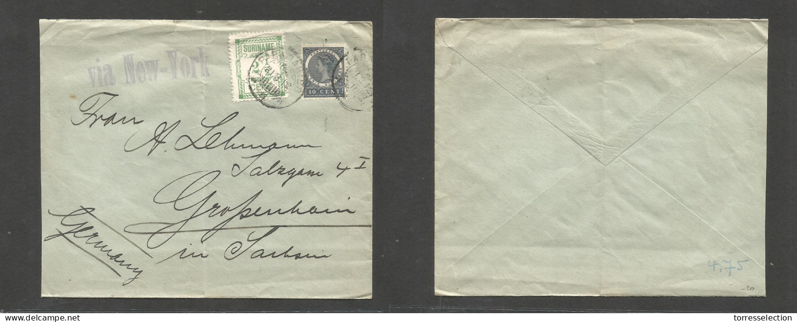 SURINAME. 1912 (21 Sept) Paramaribo - Germany, Grospenheim Via New York. Multifkd Env. Better Usage. - Suriname