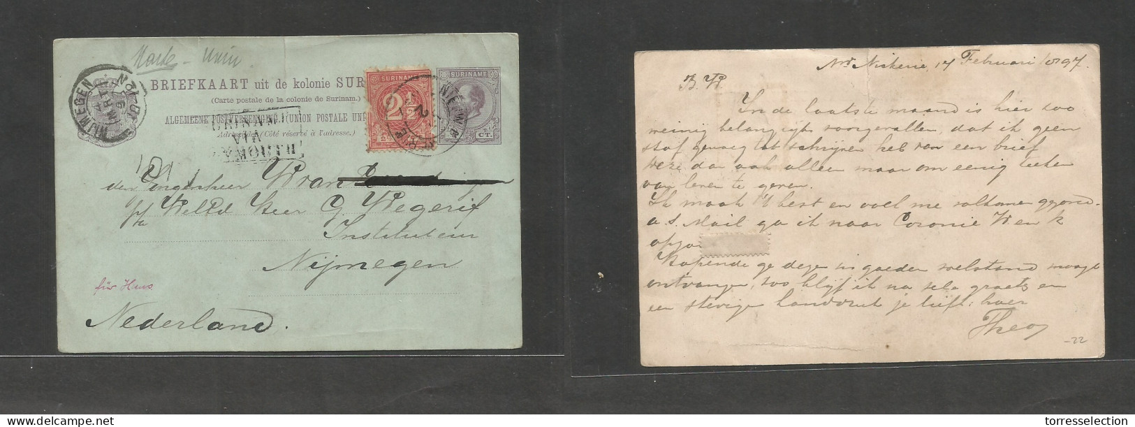 SURINAME. 1897 (17 Febr) Newe Nickenie - Netherlands, Nigmegen (4 March) Lilac Stat Card + 2 1/2c Red Adtl, Tied Cds + " - Suriname