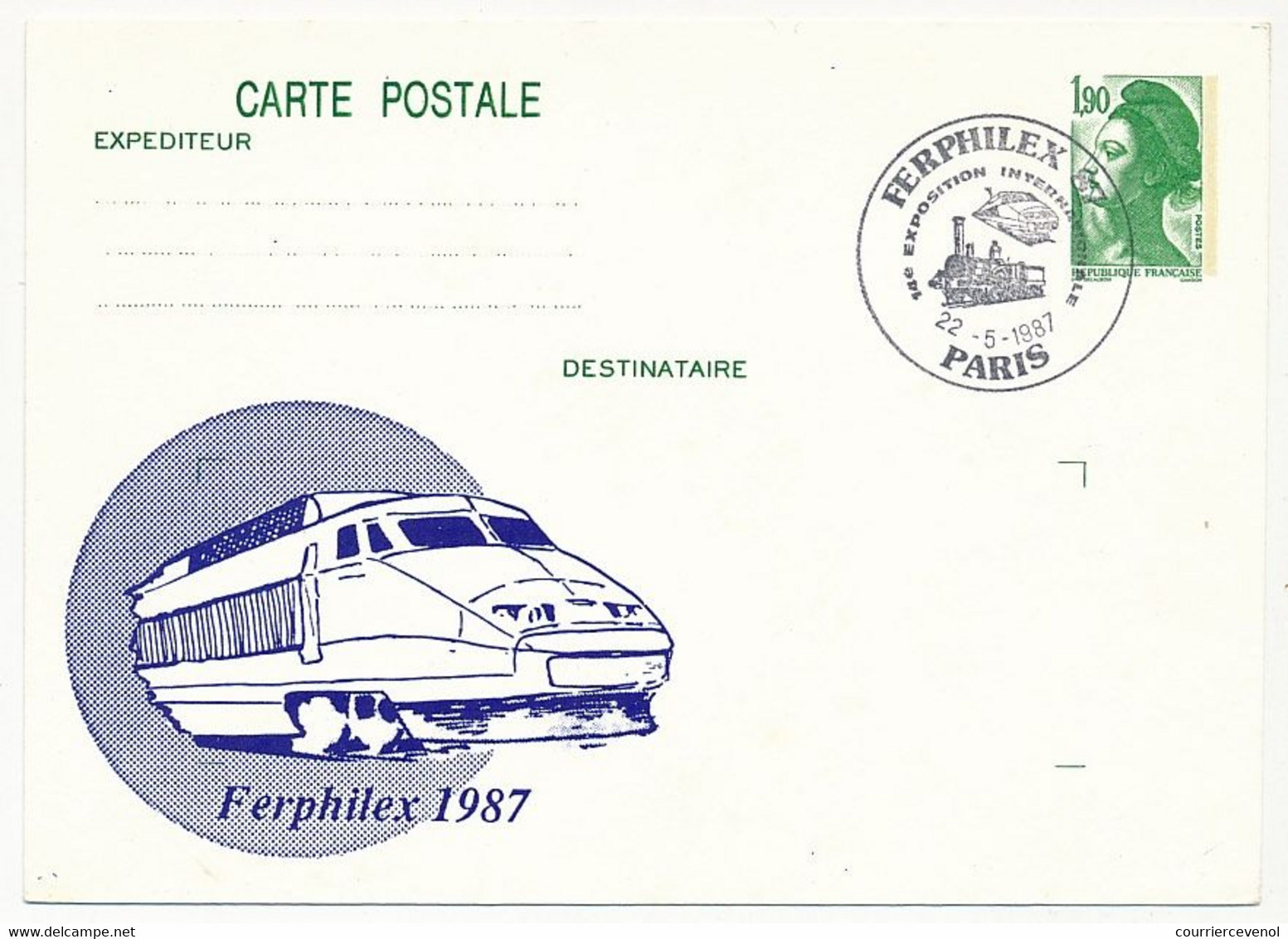 Entier Repiqué - 1,90 Liberté - Ferphilex 1987 (TGV) - PARIS - 22/5/1987 - Cartes Postales Repiquages (avant 1995)