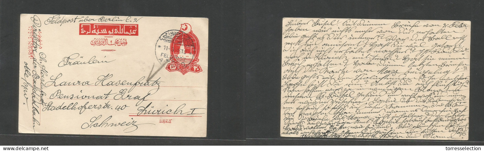 SYRIA. 1918 (11 March) Turkish PO, Aleppo - Switzerland, Zurich. Red Stat Card, Fine Bilingual "feldpost Uber Berlin" En - Siria