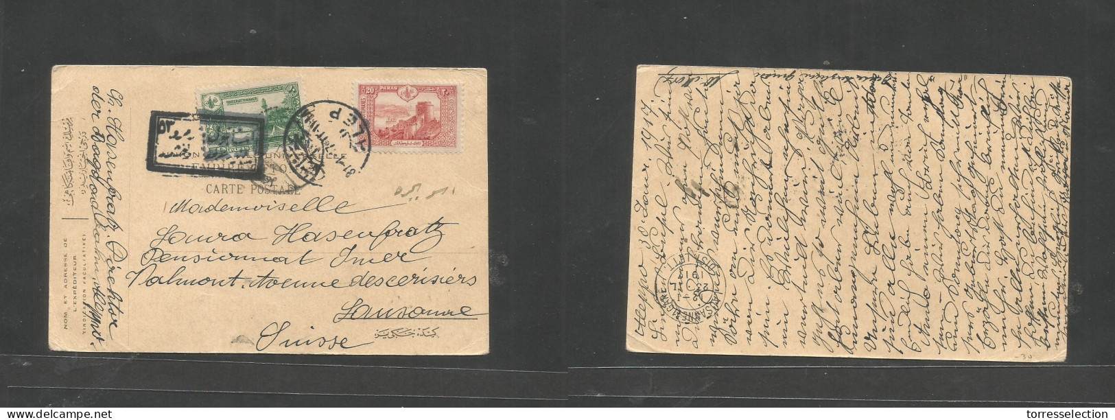 SYRIA. 1917 (31 Jan) WWI. Turkish Admin. Alep - Switzerland, Lausanne Multifkd Card At 30p Rate, Tied Bilingual Cds + Ne - Siria