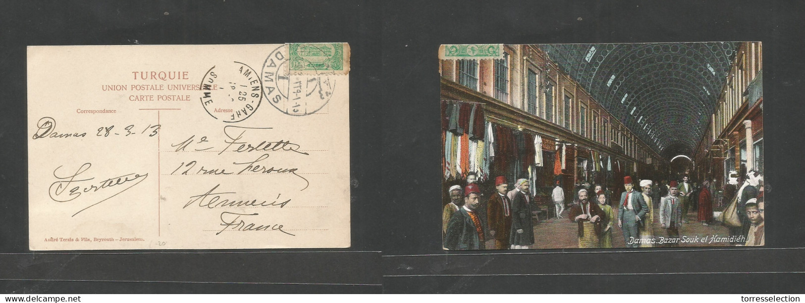 SYRIA. 1913 (28 March) Turkish PO, Damas - France, Amiens (12 Apr) Damas Bazar Photo Ppc. Arrival Cachet. - Siria