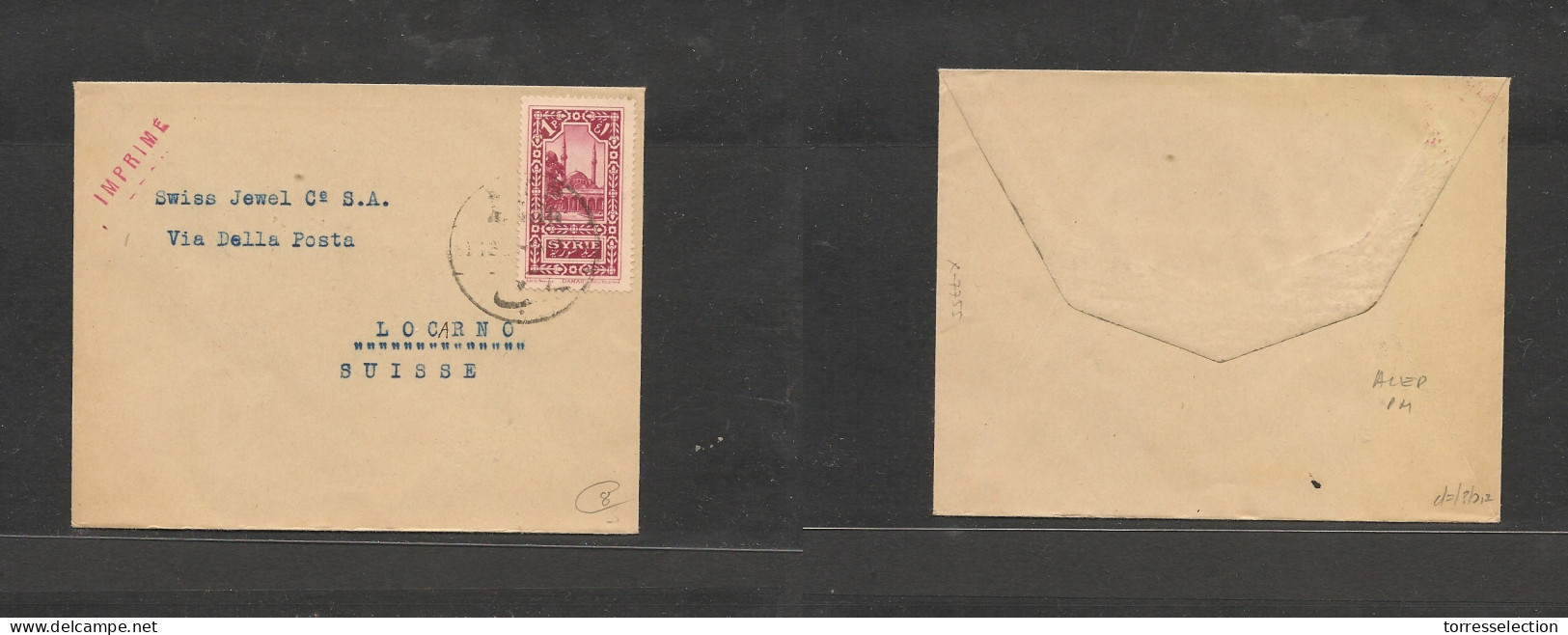 SYRIA. Syria Cover - C1930s Alep To Switz Single Unsealed Fkd Env Pm Rate, Vf - Siria