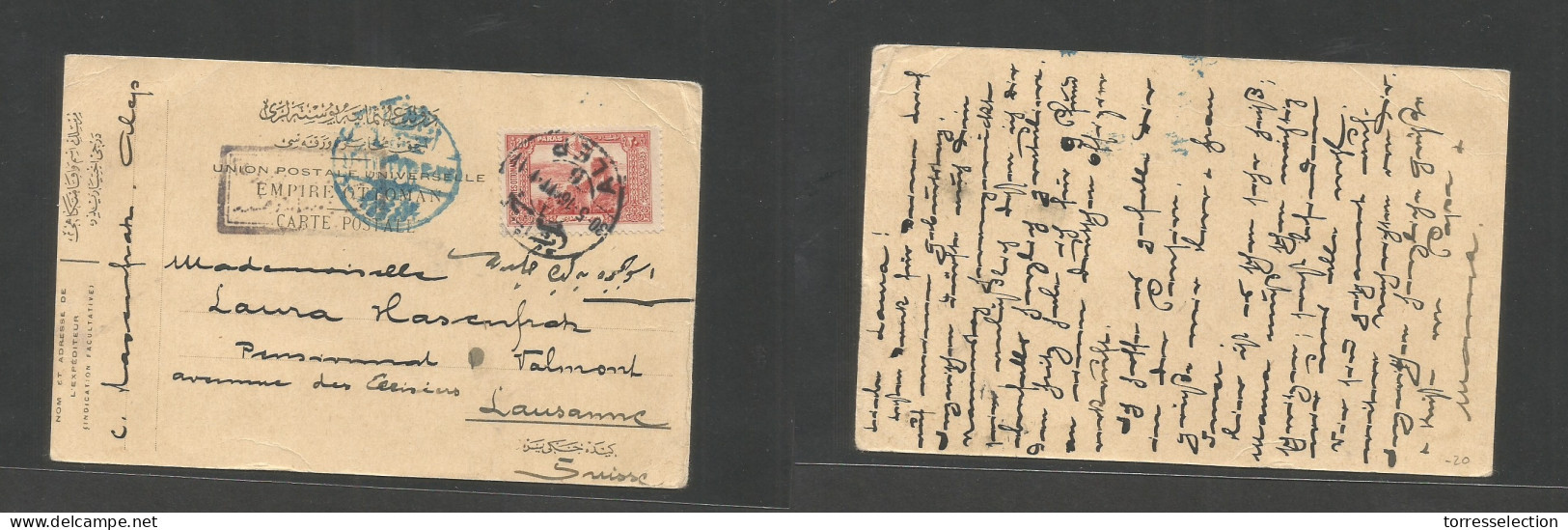 SYRIA. 1916 (30 May) WWI. Turkish Admin. Alep - Lausanne, Switzerland. Fkd Bilingual Cachet Censored Fkd Card. XF. - Siria