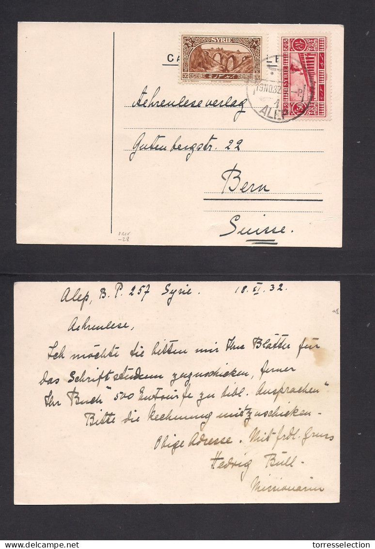 SYRIA. 1932 (19 Nov) Alep - Switzerland, Bern. Private Card Fkd On Very Scarce Usage. - Siria