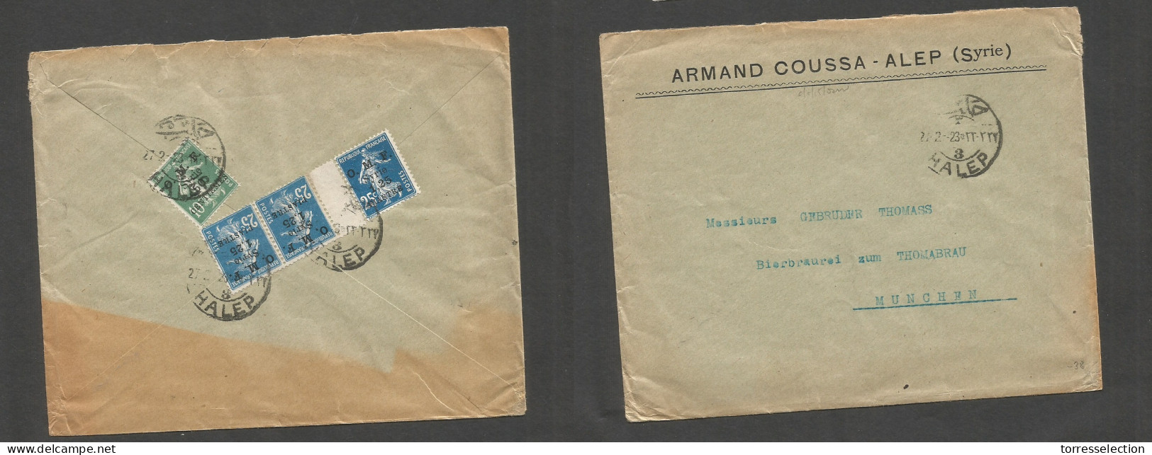 SYRIA. 1923 (27 Febr) OMF, Halep - Munich, Germany. Reverse Multifkd Ovptd Issue Fkd Env, Tied Cds. Semeuse Issue. - Siria