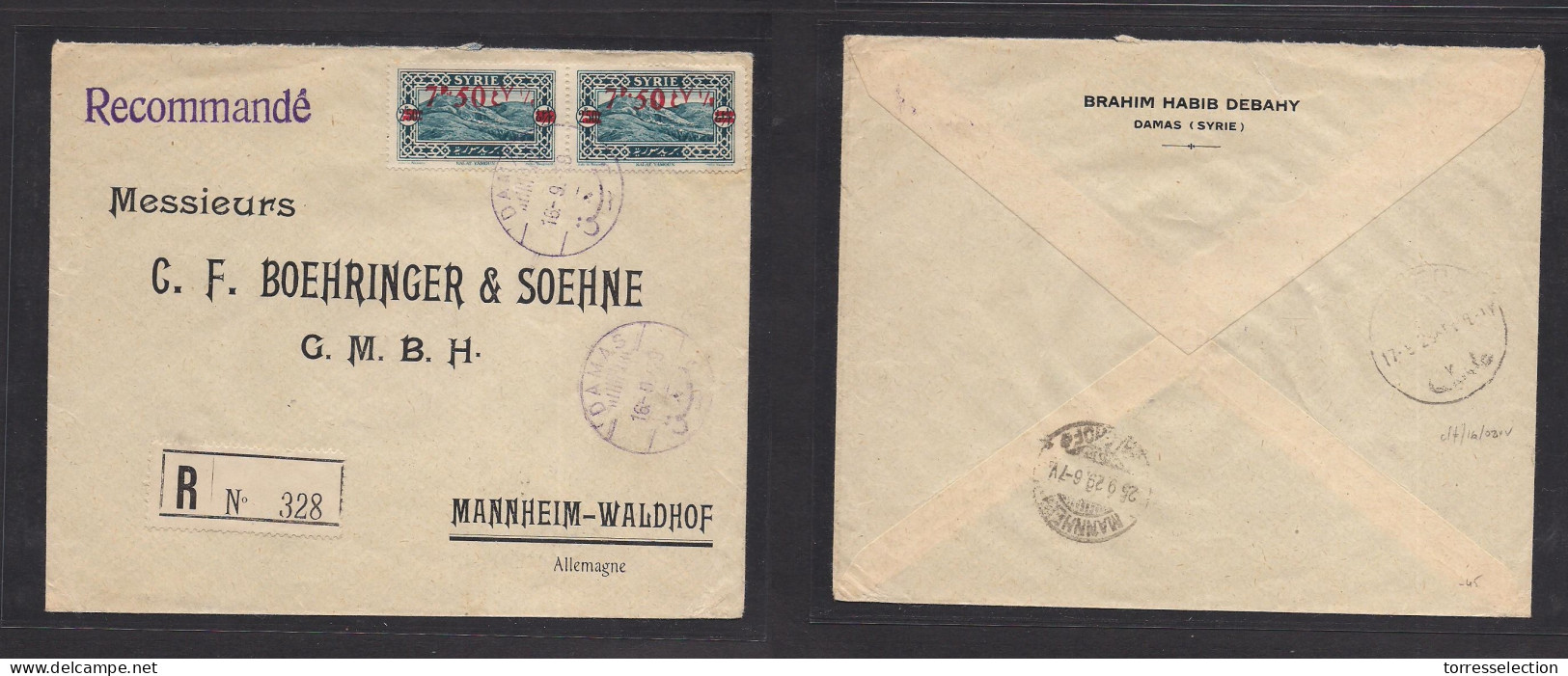 SYRIA. 1929 (16 Sept) Damas - Germany, Mannheim (25 Sept) Multifkd Ovptd Issue Envelope, Lilac Cds. VF. - Siria