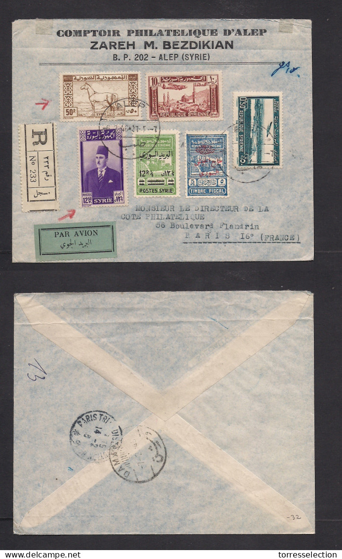 SYRIA. 1946 (6 Febr) Alep - France, Paris (14 Febr) Registered Air Multifkd Env. VF Nice Item, Incl Ovptd Issue. - Siria