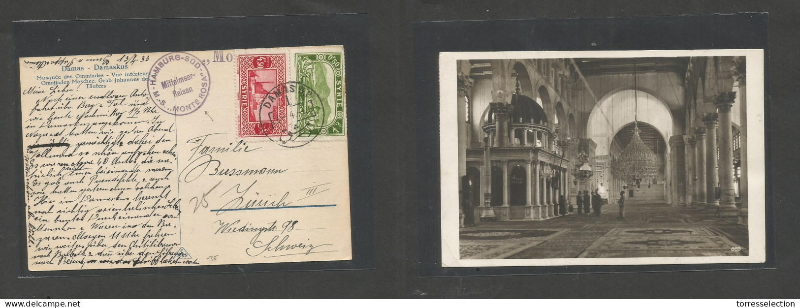 SYRIA. 1933 (13 Apr) Damascus - Switzerland, Zurich. Multifkd Ppc + Violet Ship Cachet Paquebot "Hamburg Sud - MS Monte  - Siria