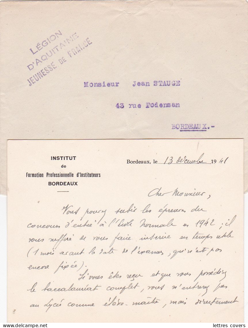 1941 Griffe " LÉGION D'AQUITAINE JEUNESSE DE FRANCE " Sur Lettre De Bordeaux Gironde - Institut Formation Instituteurs - 1939-45