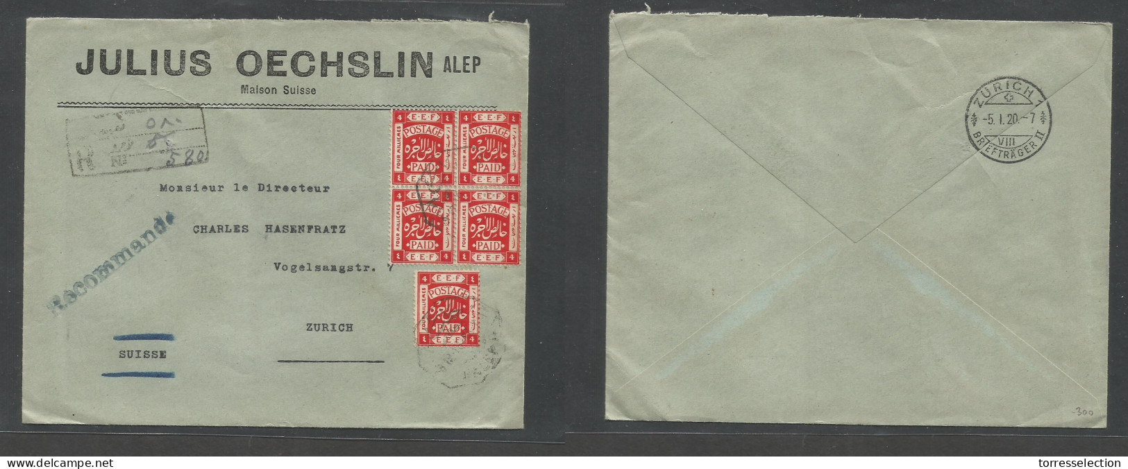 SYRIA. 1919 (9 Dec) EEF. Alep - Zurich, Switzerland (5 Jan 20) Registered Multifkd Env Incl 4p Red Block Of Four, Tied C - Siria