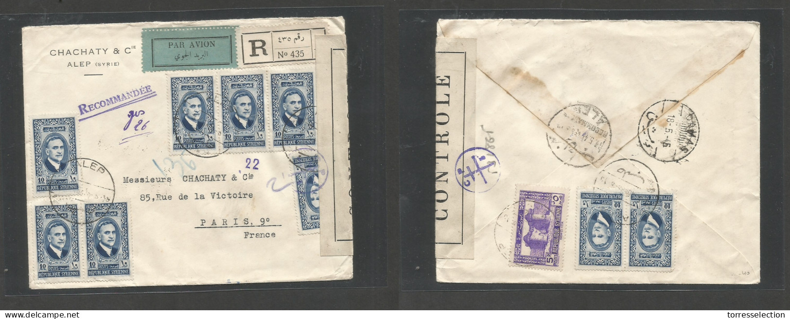 SYRIA. 1945 (13 May) Alep - France, Paris Via Damas. Registered Multifkd Air Depart Censored Comercial Envelope. VF Usag - Siria