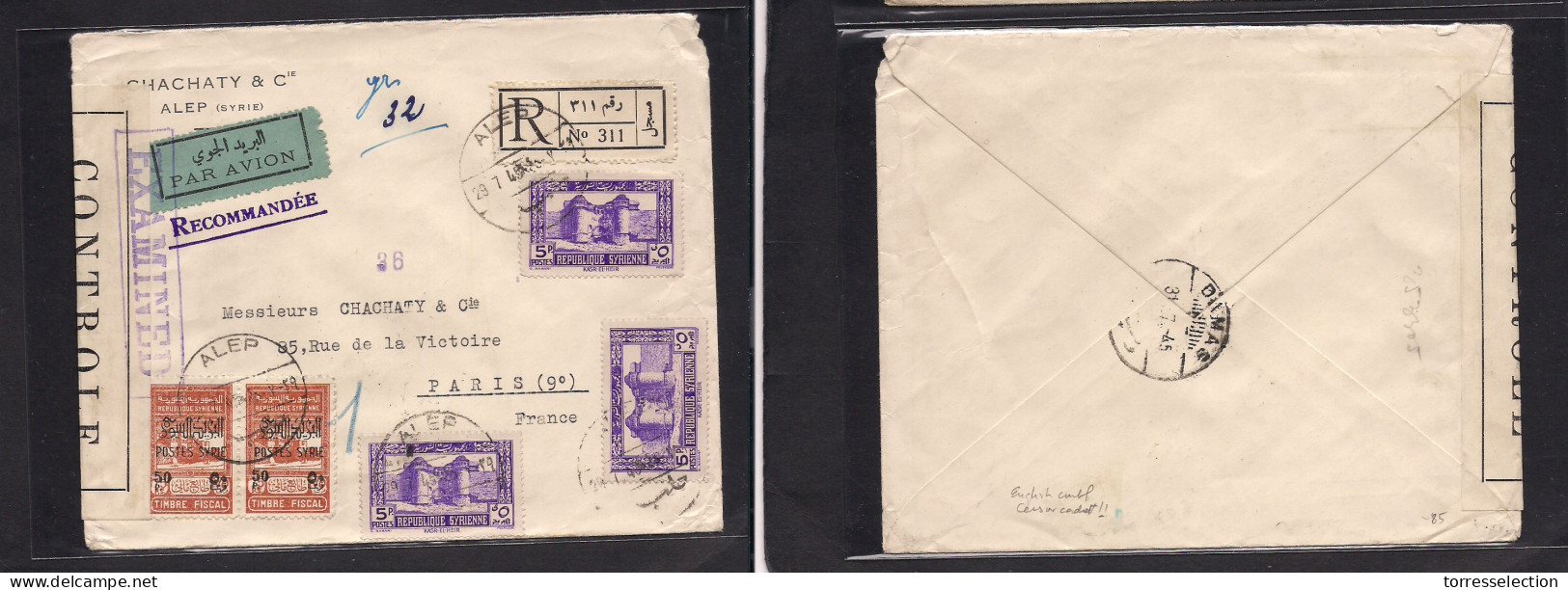 SYRIA. 1945 (29 July) Alep - France, Paris. Registered Air Multifkd Envelope Via Damas + French Censor Label + BRITISH " - Siria