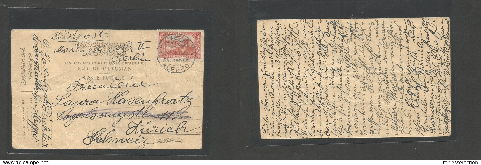 SYRIA. 1917 (11 Sept) Feldpost Mail. Aleppo - Switzerland, Zurich. Fkd Stampless Card, Cds Strike Condition. Fine WWI It - Siria