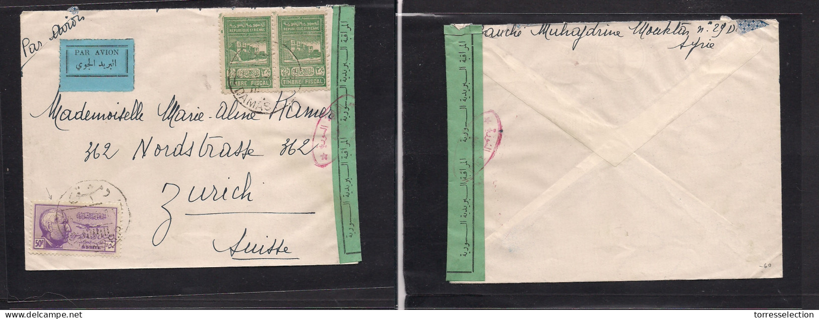 SYRIA. 1948 (15 Sept) Damas - Switzerland, Zurich. Air Multifkd Fidscal Unoverprinted Issue For Postage At 55p Rate + De - Syrie