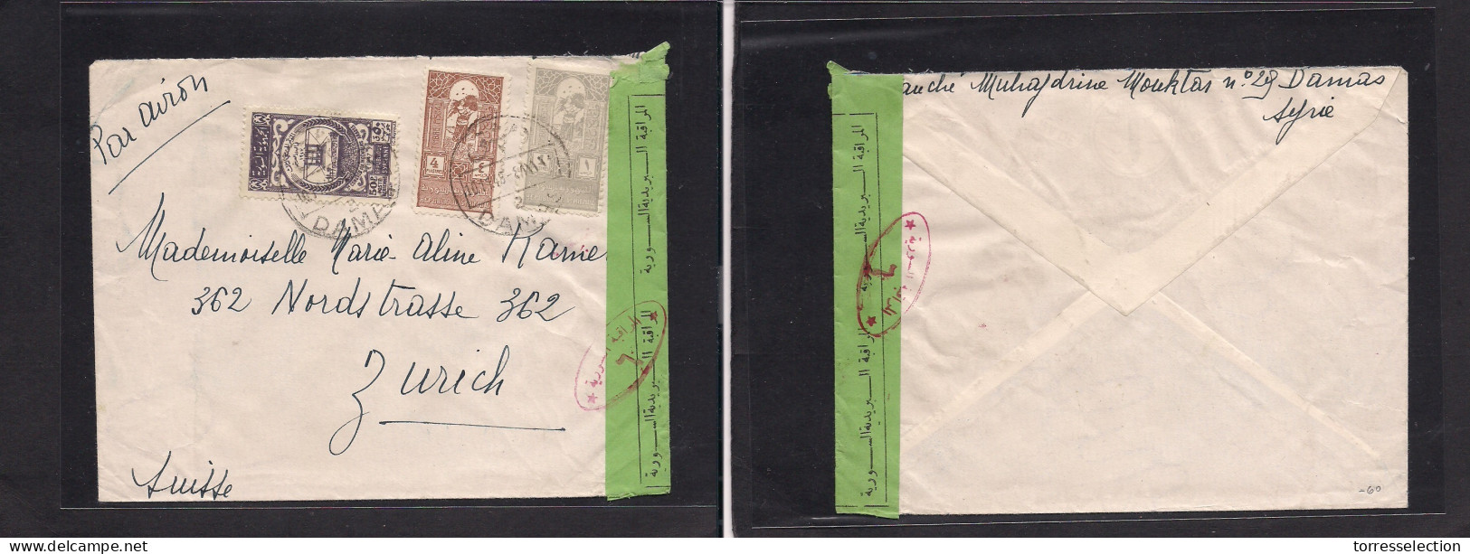 SYRIA. 1948 (10 Nov) Damas - Switzerand, Zurich. Air Multifkd Env Incl Two Diff Fiscal Provisonal Strip For Postage + Ar - Siria