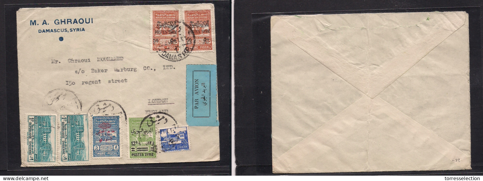SYRIA. 1946 (26 Febr) Damas - London, UK. Air Multifkd Incl Postal Fiscal Ovptd Issue On Mixed Usage, Tied Cds. Fine. - Siria
