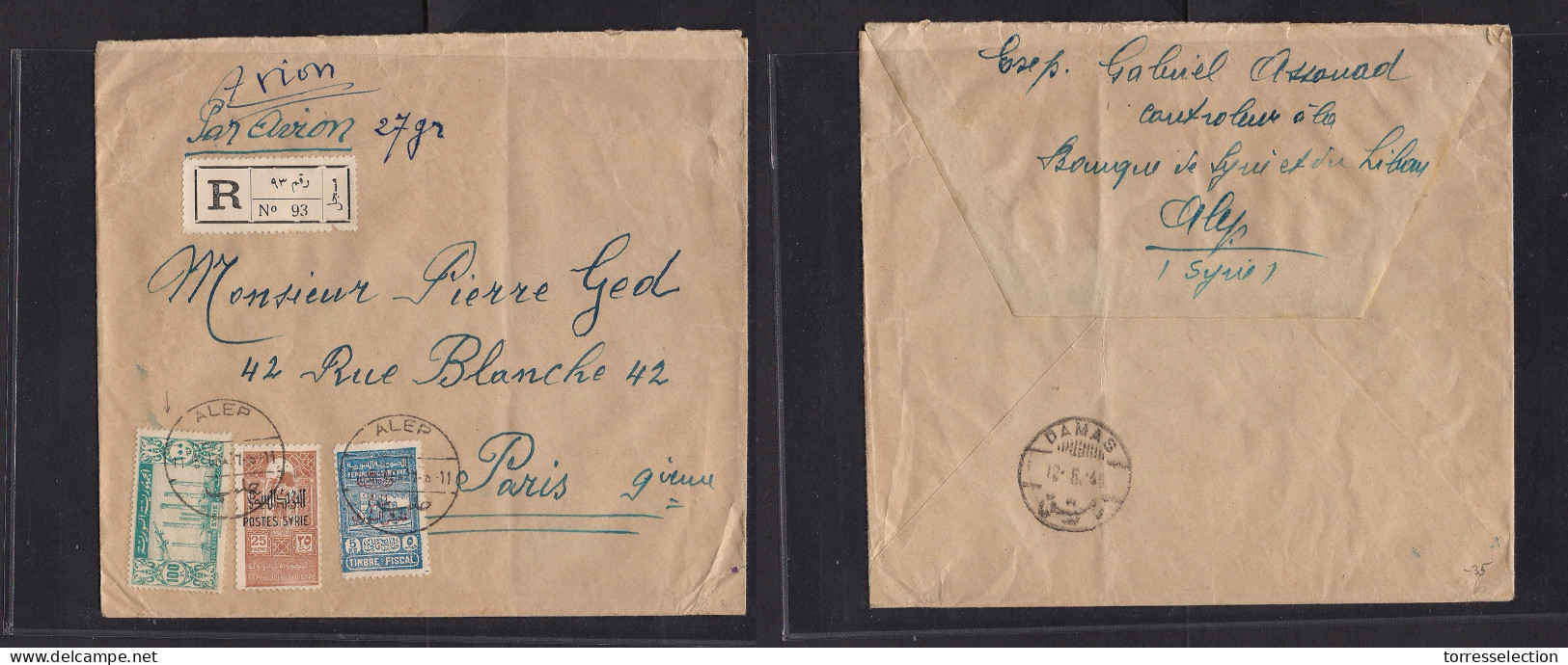 SYRIA. 1946 (11 May) Alep - France, Paris. Via Damas. Registered Air Multifkd Mixed Issues Envelope Incl Provisional Pos - Siria