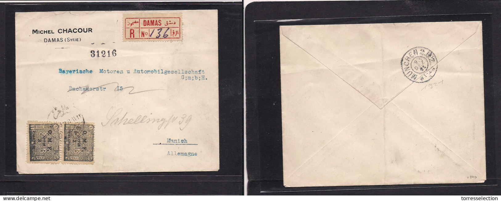 SYRIA. 1921 (Dec) OMF Syria, Damas - Germany, Munich (9 Dec) Registered Multifkd Env At 6 Pi (3`pi X 2 Pair) Tied Cds +  - Siria