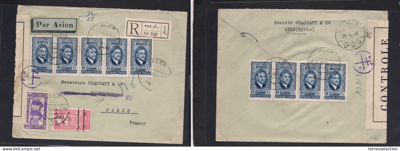 SYRIA. 1945 (25 April) Alep - France, Paris Via Damas. Registered Air Multifkd Front And Reverse Depart Censored Envelop - Siria