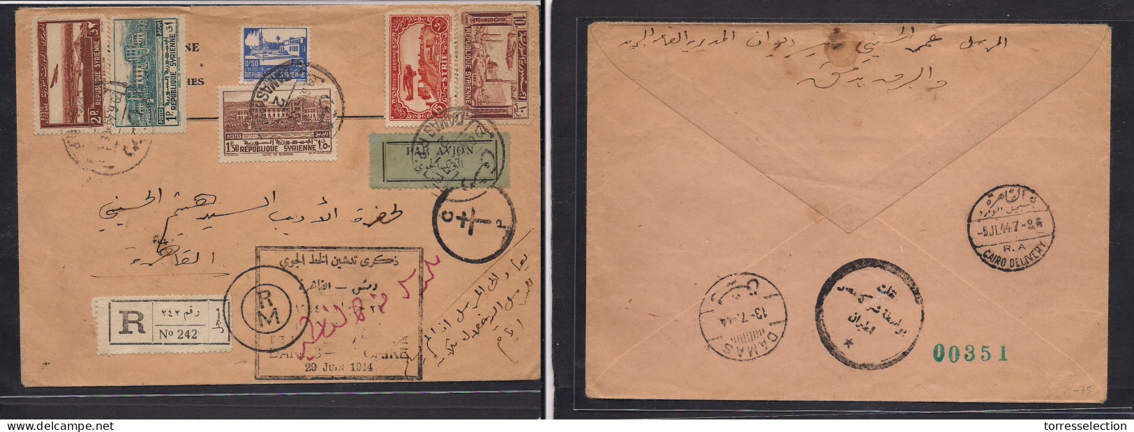 SYRIA. 1944 (29 June) Damas - Cairo (5 July) Registered Air Multifkd Special Flight Cachet Envelope + Censored. 2 Label  - Syrie