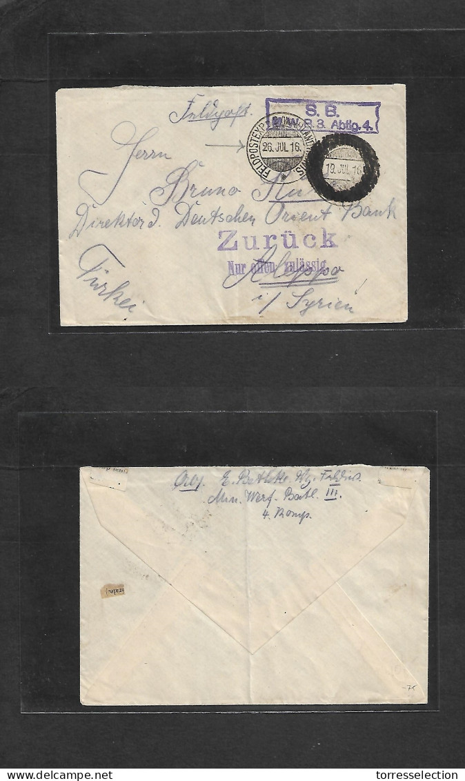 SYRIA. 1916 (19-26 July) WWI. German Military Mission In Aleppo. Feldpost FM Circulated Envelope With Return Cachet + Ce - Siria