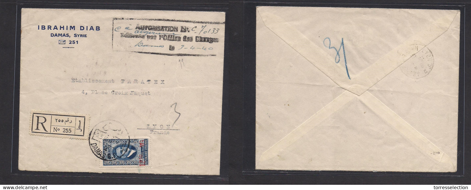 SYRIA. 1940 (3 May) Damas - France, Lyon (15 May) Registered Single Fkd Env With Special "Autorization / Cia. Algerienne - Syrie