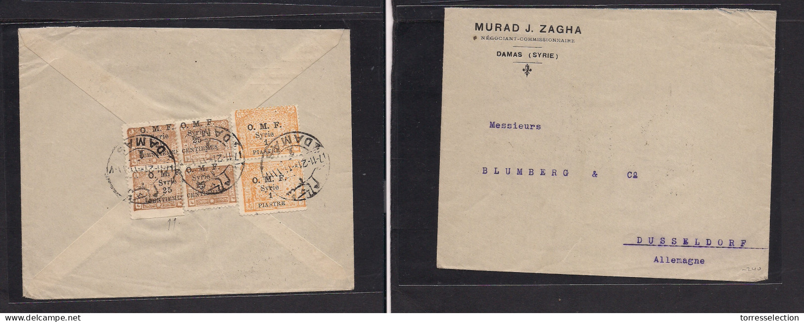 SYRIA. 1921 (17 Nov) OMF Syrie. Damas - Germany, Dusseldorf. Reverse Multifkd Envelope Provisional Overprinted Issue. VF - Syrie