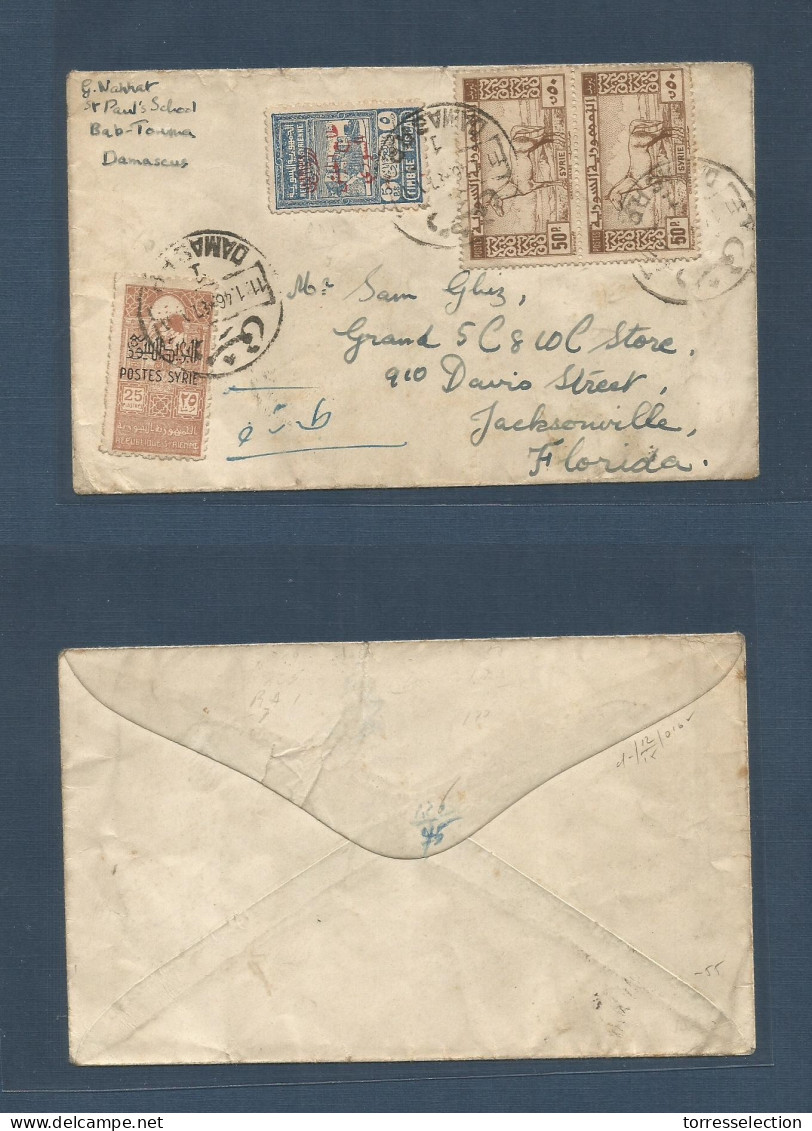 SYRIA. 1946 (11 Jan) Bab - Toama, Damas RP - USA, Florida, Jacksonville. Multifkd Envelope + Ovptd Issues. Scarce Destin - Syria