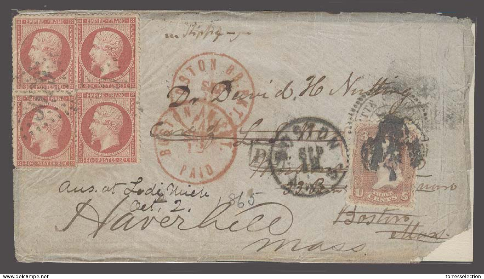 SYRIA. 1865 (Aug). French Levant - Alexandrette - USA / Boston, Fwded To Haverhill, Mass. Env Fkd France 80c Napoleon X4 - Siria