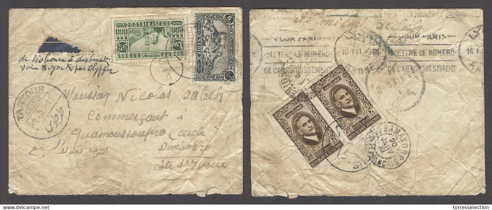 SYRIA. 1941 (3 Jan). Tartous - Ivory Coast / Dimbokro (20 Jan). Air Fkd 4 Stamps. Mns Per Lisbon To Destination Via New  - Syria