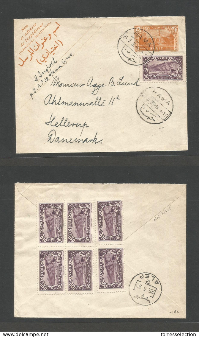 SYRIA. 1935 (24 May) Hama (Epicphanie) - Denmark, Hellrup. 4 Piaster Orange Stationary Envelope + 7 Adtl Stamp Incl Bloc - Syria