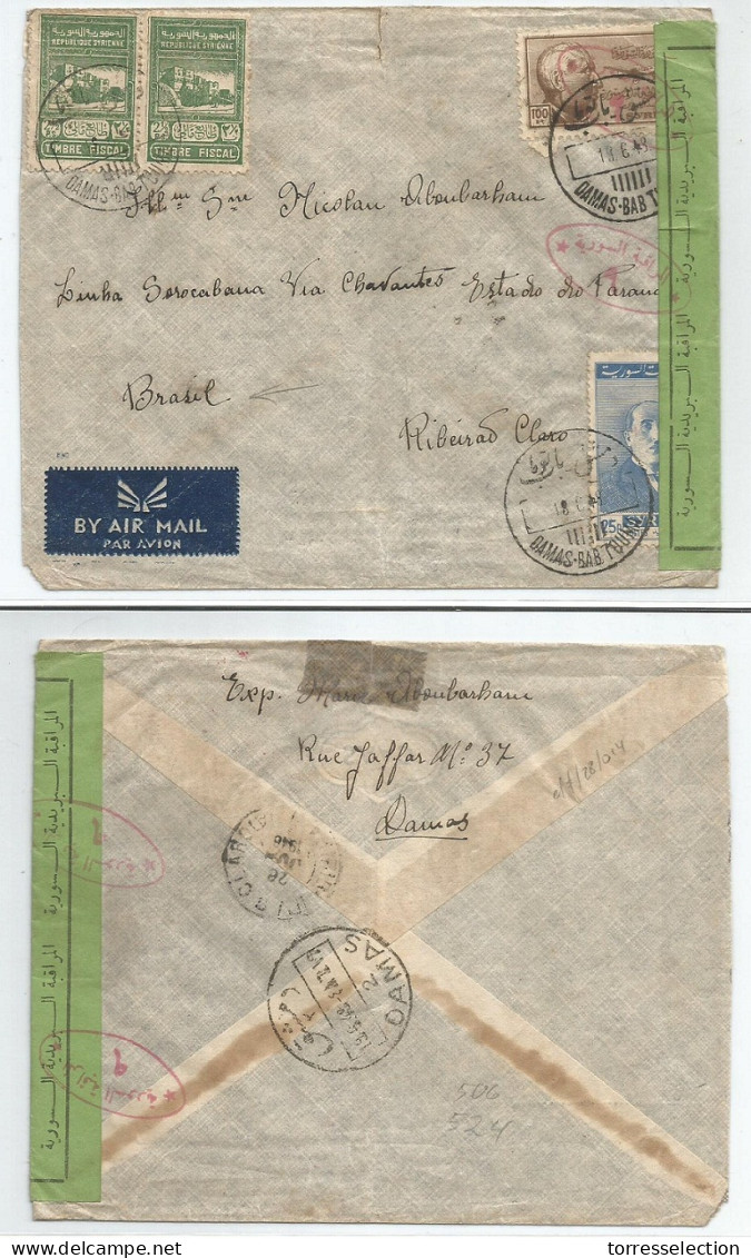 SYRIA. 1948 (18 June). Damas - Brazil, Ribeiro Claro, Parana (26 June). Air Multifkd Env Depart Green Censor Label Tied. - Syrie