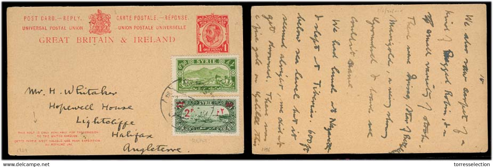 SYRIA. 1926. GB 1d Red Stat Card. Reply Half Used. Damas - UK. Adtls Syria Stamps Fine Comb. - Syria