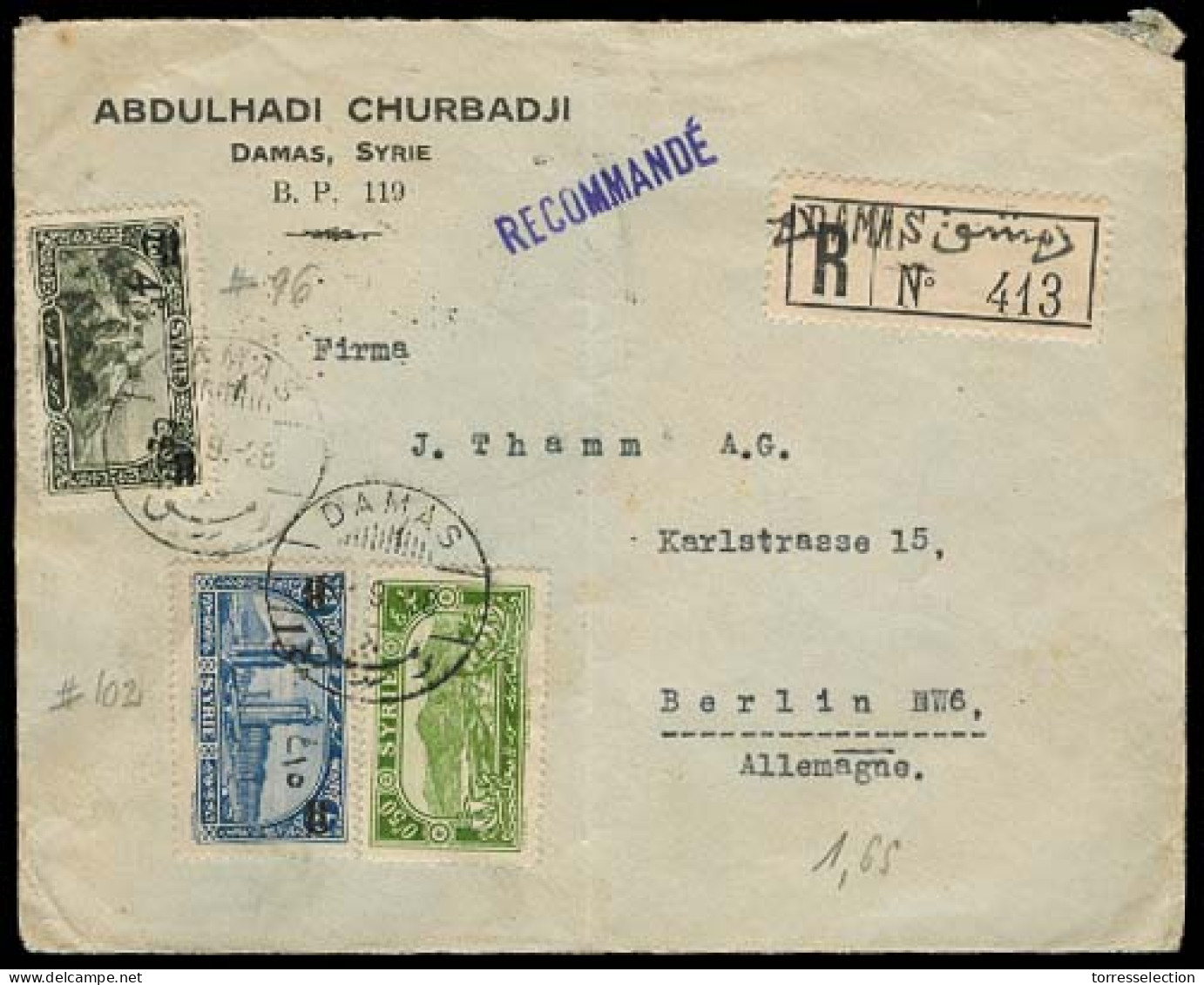 SYRIA. 1928. Damas - Germany. Registered Tricolor Env. Bilingual Label / Ovptd Issue. - Syria