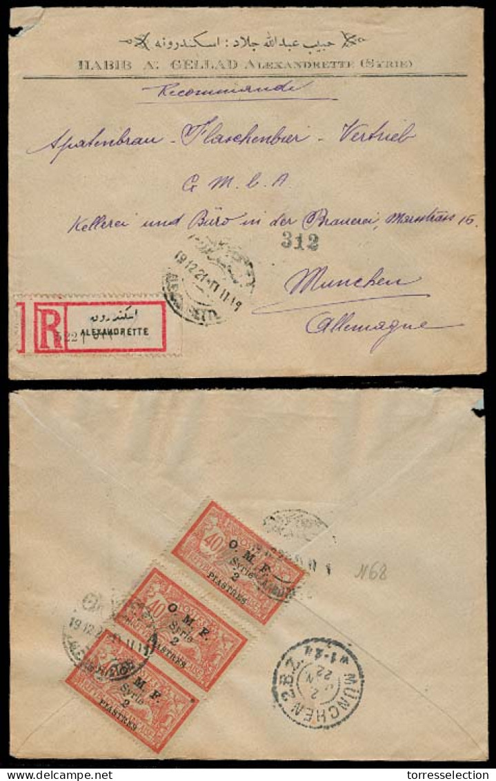 SYRIA. 1922. Alexandrette - Germany. Registered Fkd Env. OMF / 2p X3 + Bilingual Label. - Syrie