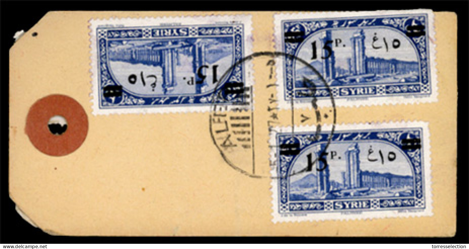 SYRIA. 1927 (Jan 5). Luggage Label With No Less Than Eight Examples Of The 1926 15p On 25p Ultramarine All Tied By ALEP  - Syria