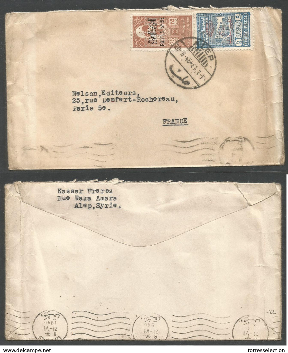 SYRIA. 1946 (20 June) Alep - France, Paris. Fkd Envelope Ovptd Issue / Reverse Stamps, Bilingual Cds. XF. - Syria