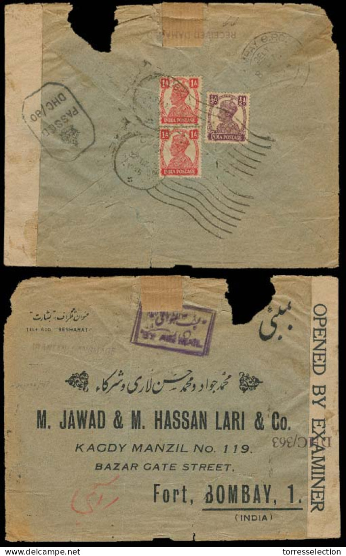 U.A.E.. 1945. Dubai - Bombay. Fkd Air Censored Env / Damaged + Received Damaged Pmk (xxx). Very Scarce Item. - Other & Unclassified