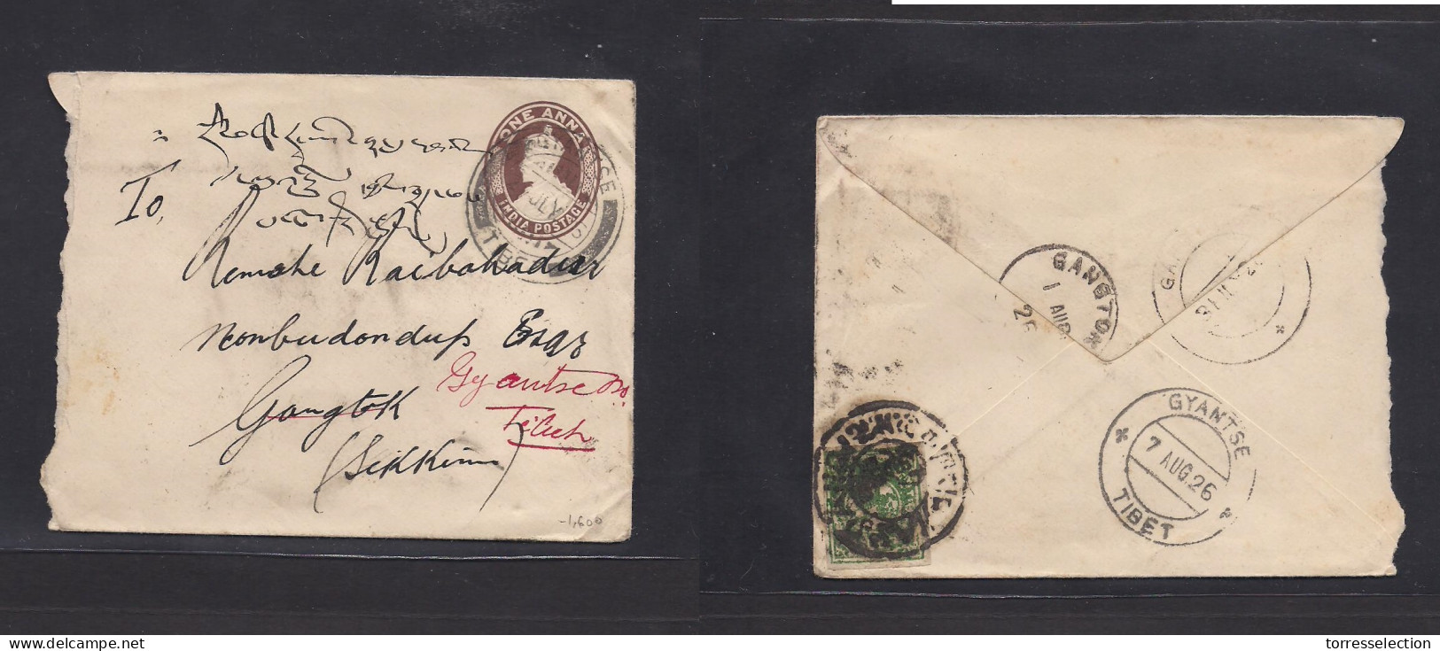 TIBET. 1926 (2 July) Giantse - Gangtok, Fwded Giantse. 1 Anna Brown British India Stationary Envelope, Cds, Reverse Fkd  - Tibet