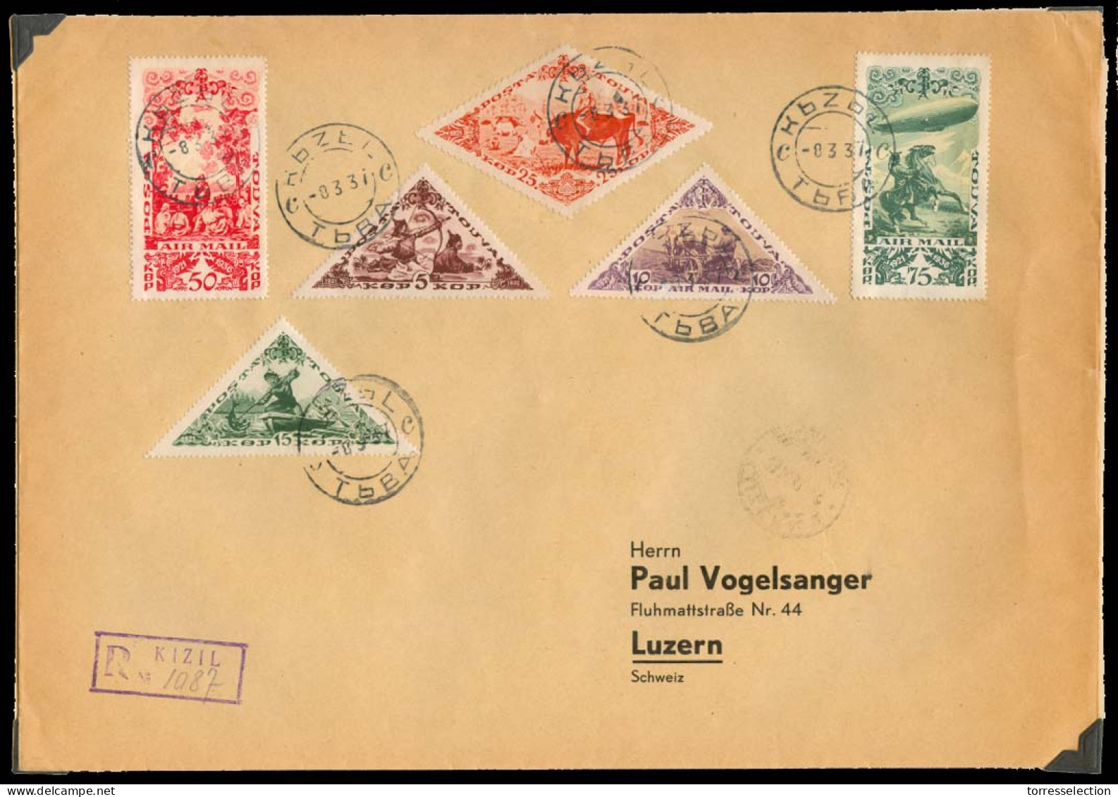 Tannu Tuva. 1937 (8 March). Kizil - Switzerland (23 March). Reg Multifkd Env. Arrival Cds. Fine. - Touva