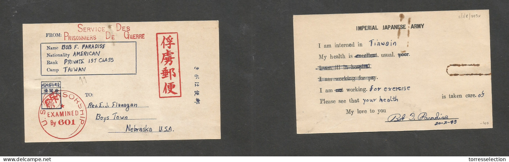 TAIWAN. 1943 (20 Feb) WWII. American POW. Free Internee Censored Camp Usage To Nebraska, USA. VF. - Other & Unclassified