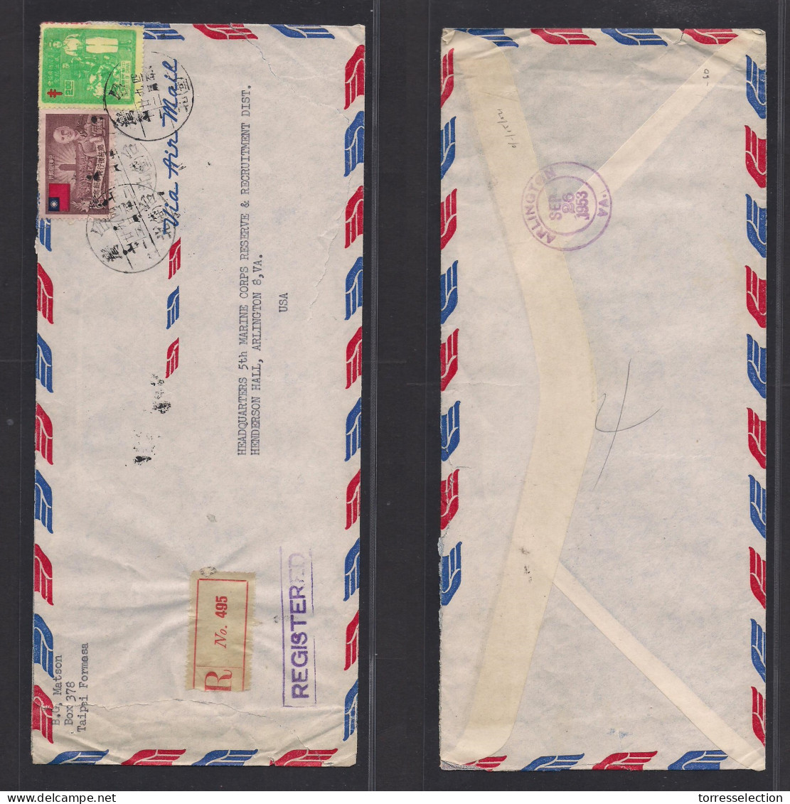 TAIWAN. 1953 (Sept) Taipei - USA, Arlington, VA (Sept 12) Registered Air Fkd Env Incl. Tuberculosis Issue, Tied Cds. - Other & Unclassified